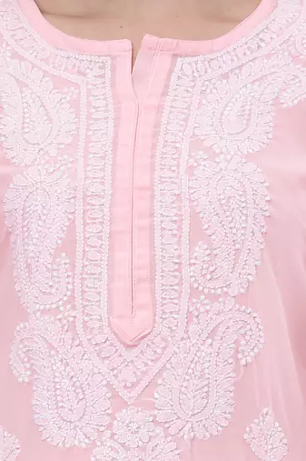 hand embroidered peach georgette lucknowi chikan kurta with slip