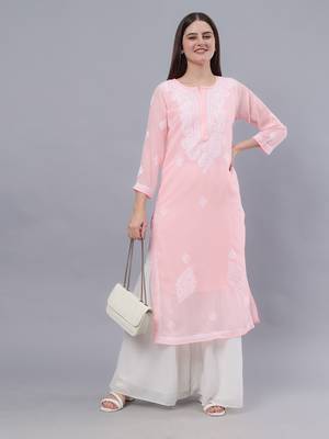hand embroidered peach georgette lucknowi chikan kurta with slip 1