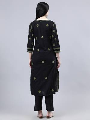 hand embroidered black cotton lucknowi chikan kurta 2
