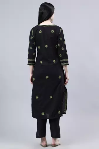 hand embroidered black cotton lucknowi chikan kurta