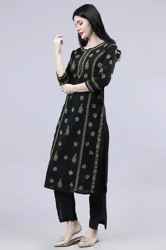 hand embroidered black cotton lucknowi chikan kurta