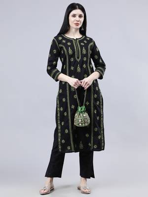 hand embroidered black cotton lucknowi chikan kurta 1