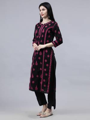 hand embroidered black cotton lucknowi chikan kurta 3