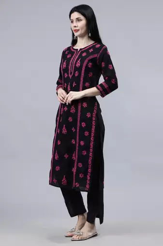 hand embroidered black cotton lucknowi chikan kurta