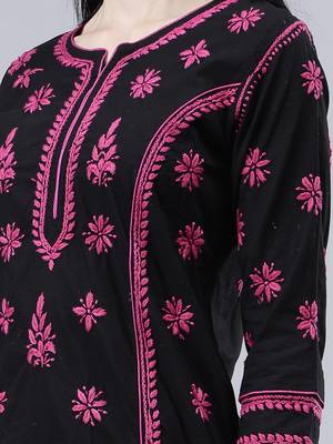 hand embroidered black cotton lucknowi chikan kurta 4