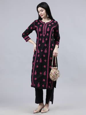 hand embroidered black cotton lucknowi chikan kurta 1