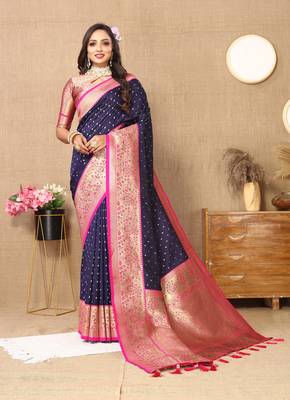 Vedant Vastram Women'S Navy Blue Color Kanjeevaram Silk Blend Saree  3