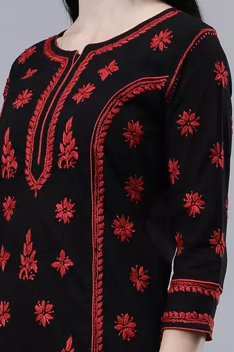hand embroidered black cotton lucknowi chikan kurta