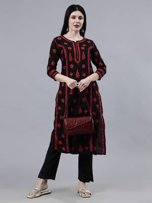 hand embroidered black cotton lucknowi chikan kurta 4