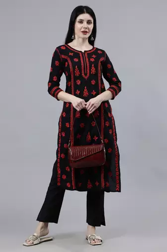 hand embroidered black cotton lucknowi chikan kurta