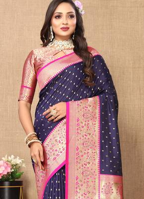 Vedant Vastram Women'S Navy Blue Color Kanjeevaram Silk Blend Saree  6