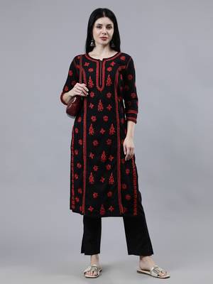 hand embroidered black cotton lucknowi chikan kurta 1