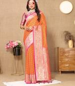 Vedant Vastram Women'S Orange Color Kanjeevaram Silk Blend Saree 