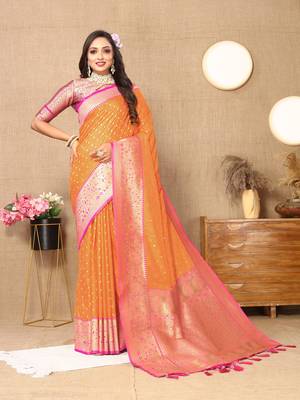 Vedant Vastram Women'S Orange Color Kanjeevaram Silk Blend Saree  3