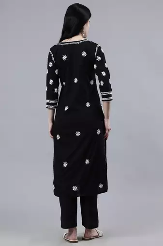 hand embroidered black cotton lucknowi chikan kurta