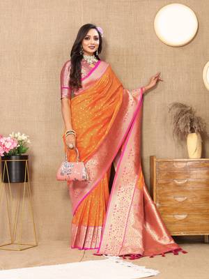 Vedant Vastram Women'S Orange Color Kanjeevaram Silk Blend Saree  4