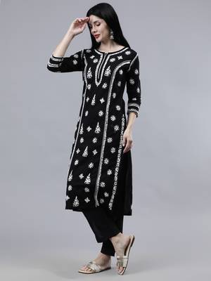 hand embroidered black cotton lucknowi chikan kurta 3