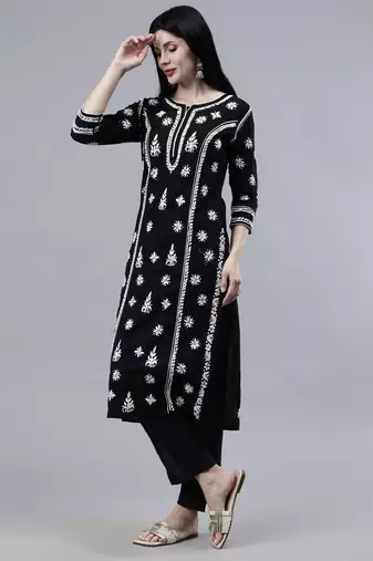 hand embroidered black cotton lucknowi chikan kurta