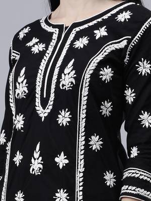 hand embroidered black cotton lucknowi chikan kurta 4