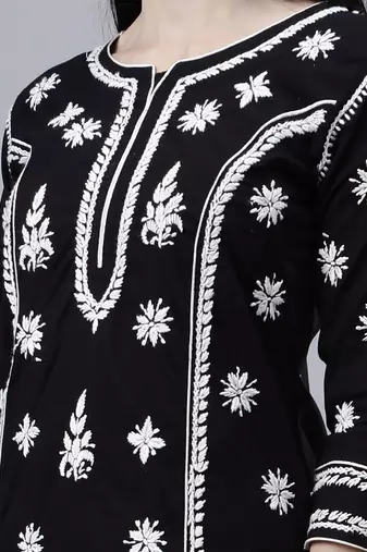 hand embroidered black cotton lucknowi chikan kurta