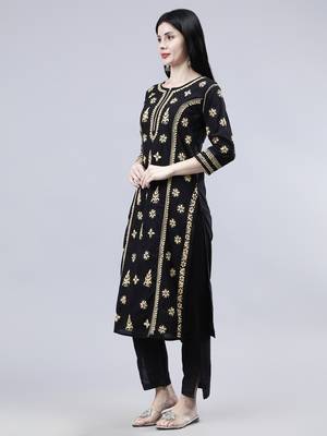 hand embroidered black cotton lucknowi chikan kurta 3