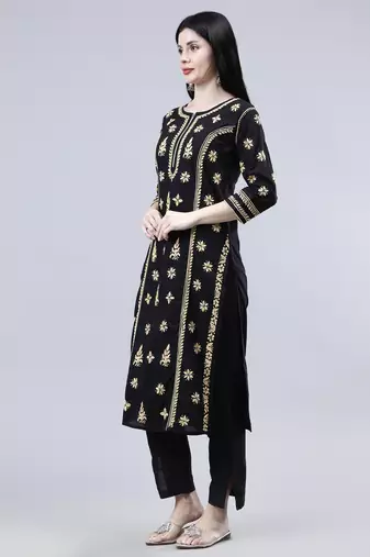 hand embroidered black cotton lucknowi chikan kurta