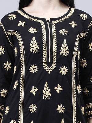 hand embroidered black cotton lucknowi chikan kurta 4