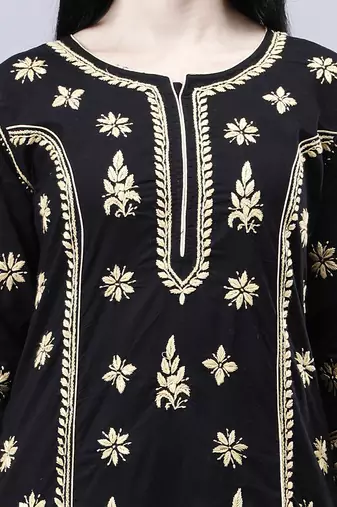 hand embroidered black cotton lucknowi chikan kurta