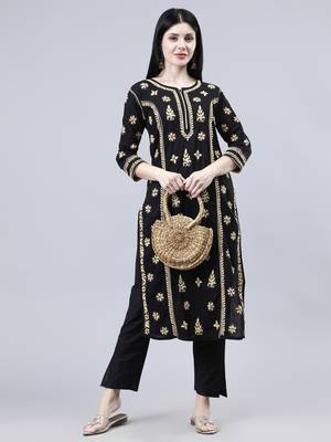 hand embroidered black cotton lucknowi chikan kurta 1
