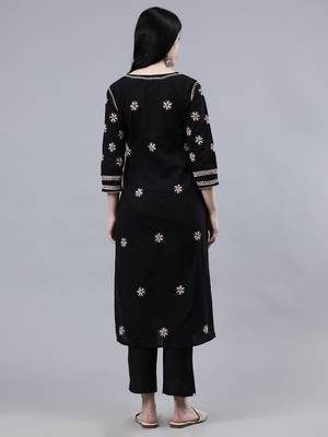 hand embroidered black cotton lucknowi chikan kurta 2