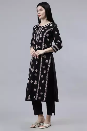 hand embroidered black cotton lucknowi chikan kurta
