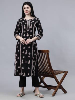 hand embroidered black cotton lucknowi chikan kurta 1