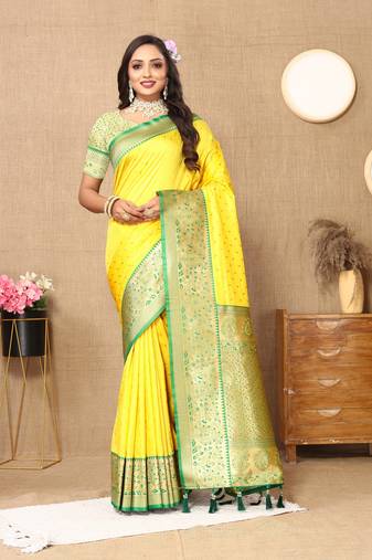 Vedant Vastram Women'S Yellow Color Kanjeevaram Silk Blend Saree 
