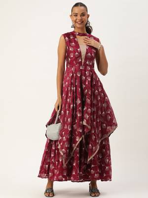 Ethnovog ready to wear maroon satin blend foil printed dress 1