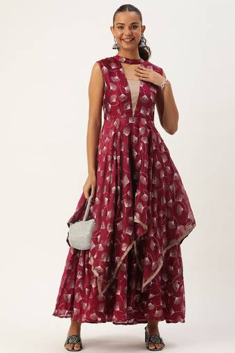 Ethnovog ready to wear maroon satin blend foil printed dress