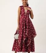 Ethnovog ready to wear maroon satin blend foil printed dress