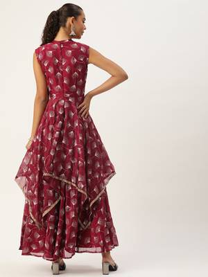 Ethnovog ready to wear maroon satin blend foil printed dress 2
