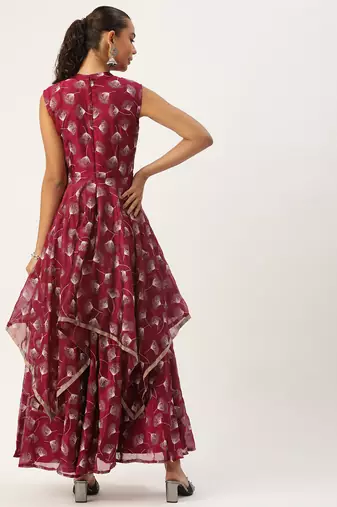 Ethnovog ready to wear maroon satin blend foil printed dress