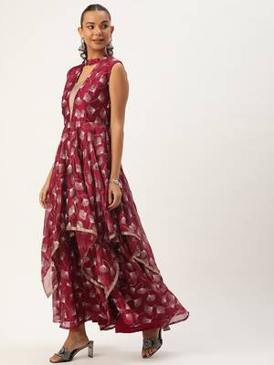 Ethnovog ready to wear maroon satin blend foil printed dress 3