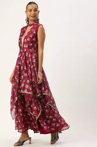 Ethnovog ready to wear maroon satin blend foil printed dress