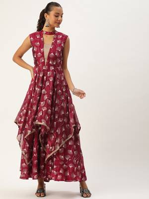 Ethnovog ready to wear maroon satin blend foil printed dress 4