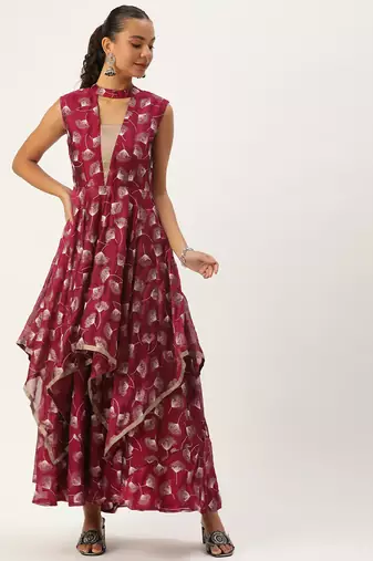 Ethnovog ready to wear maroon satin blend foil printed dress