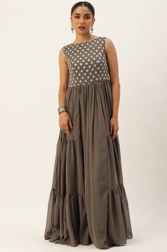 Ethnovog ready to wear grey georgette embroidered dress