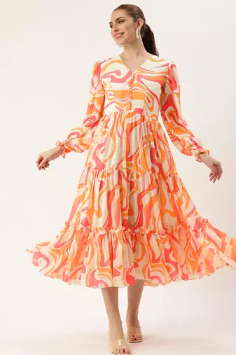 Ethnovog ready to wear multicolored georgette pinted tiered gathers dress