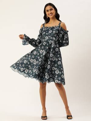 Ethnovog ready to wear blue digital printed chinon dress 1