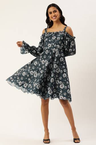 Ethnovog ready to wear blue digital printed chinon dress