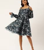 Ethnovog ready to wear blue digital printed chinon dress