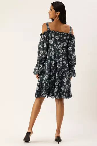 Ethnovog ready to wear blue digital printed chinon dress
