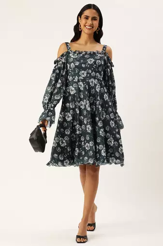 Ethnovog ready to wear blue digital printed chinon dress