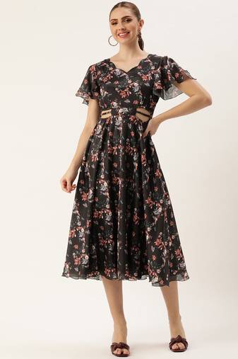 Ethnovog ready to wear black chinon side cut out dress